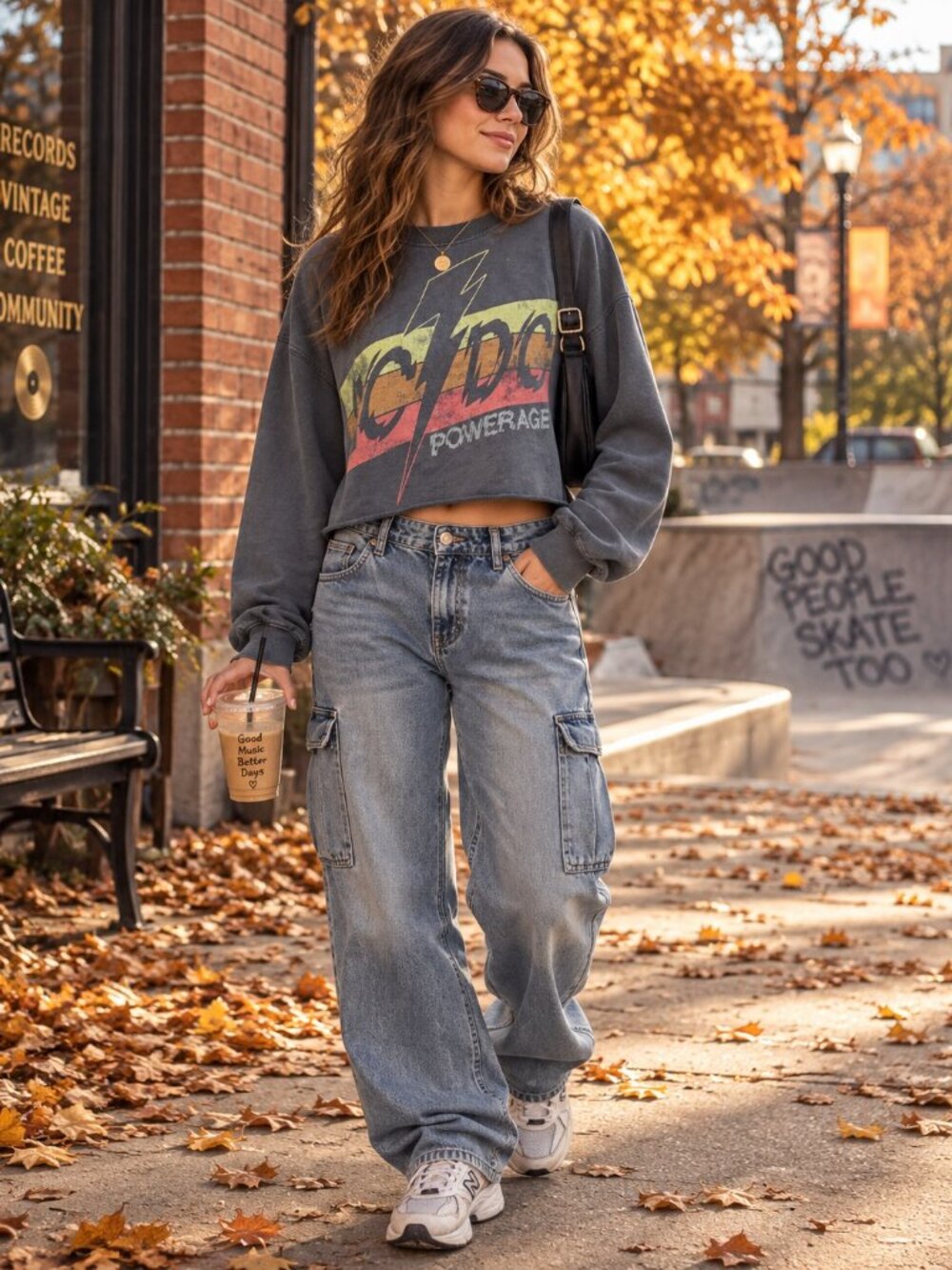 AC/DC Powerage Cropped Sweatshirt Womens M Vintage Style Classic Rock Band Merch